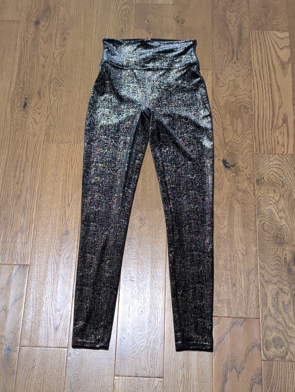 Spanx Velvet Leggings Small Black Gold Metallic Shine Shimmer High Rise Stretch